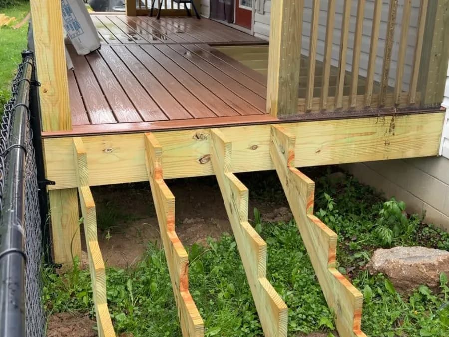 Composite deck installation with new stair stringers cut and set